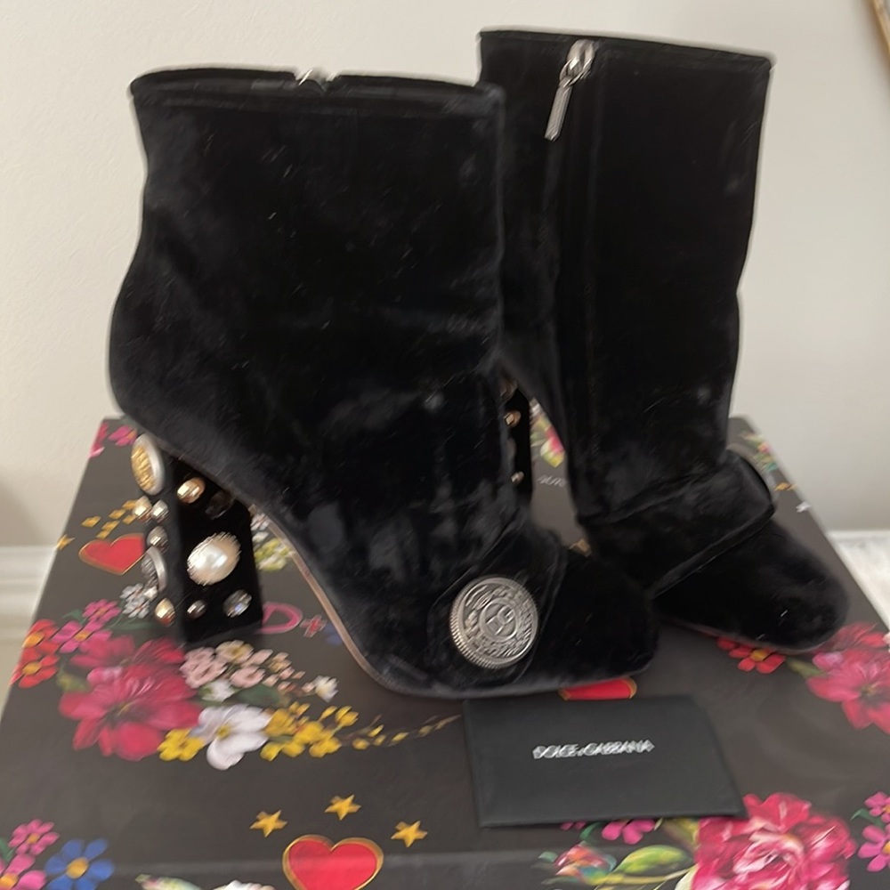 Dolce & Gabbana Jeweled Heel Velvet Booties-Women's EU Size 39 1/2 (8 1/2) - Picture 3 of 17